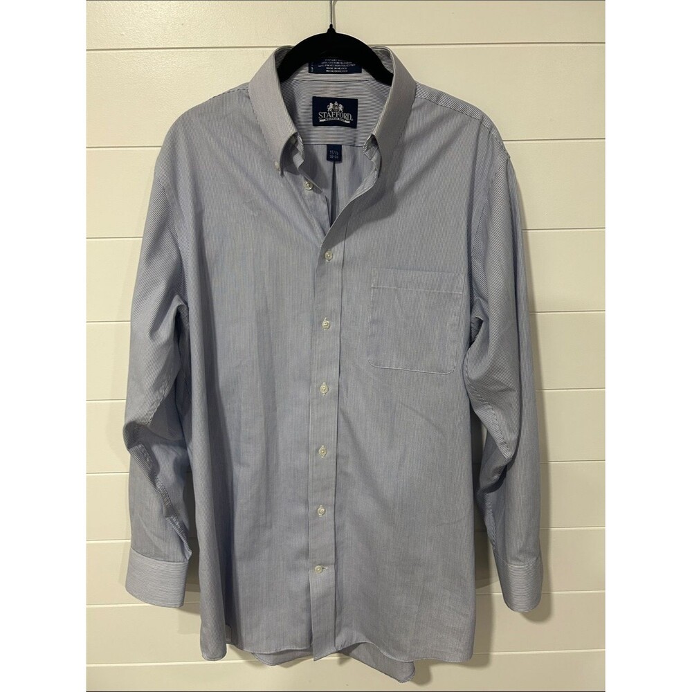 Stafford Men’s Light Blue Pinstripe Button-Down Dress Shirt
